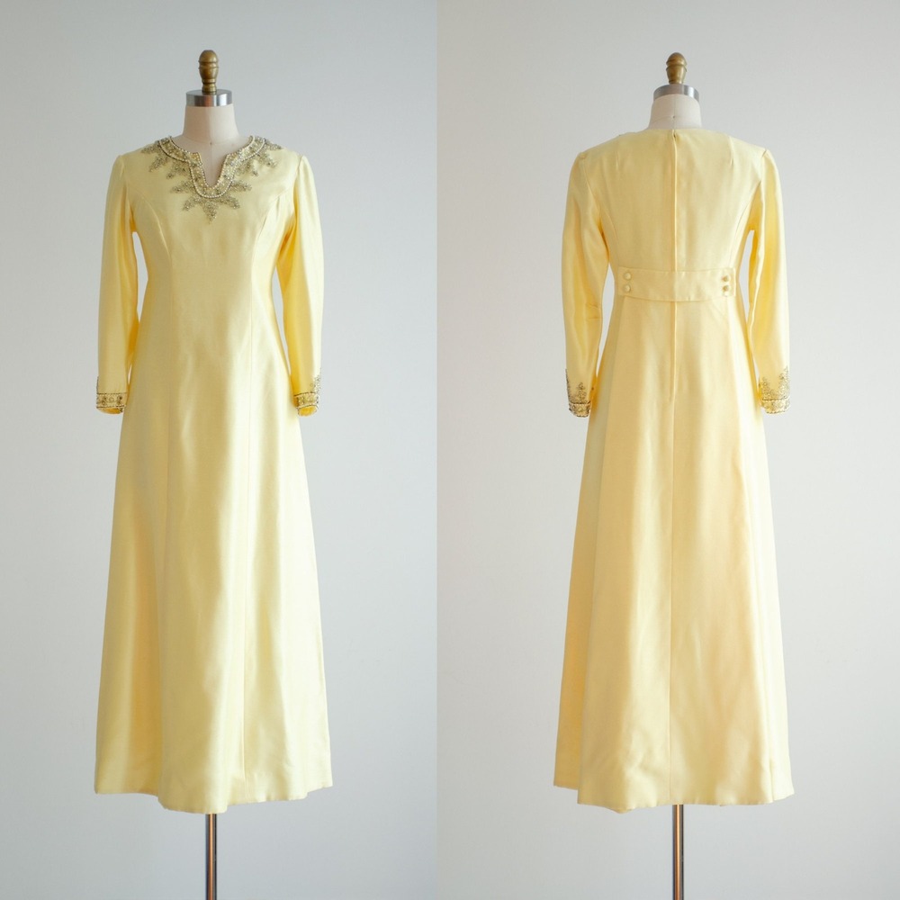 Vintage 60s Evening Gown Beaded Pastel Yellow Maxi Dress XS Long Sleeve Formal